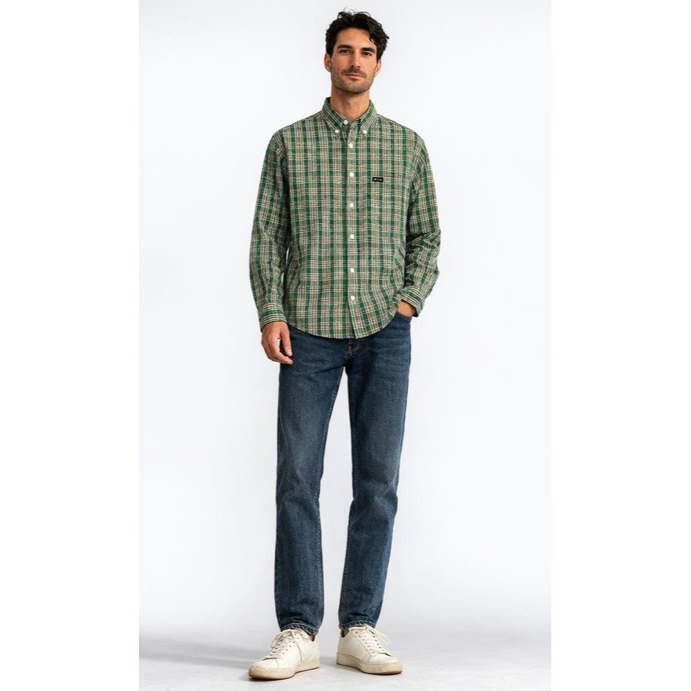 Chaps Button Down Shirt Mens M Long Sleeves Green Tan Yellow Plaid Workwear EUC